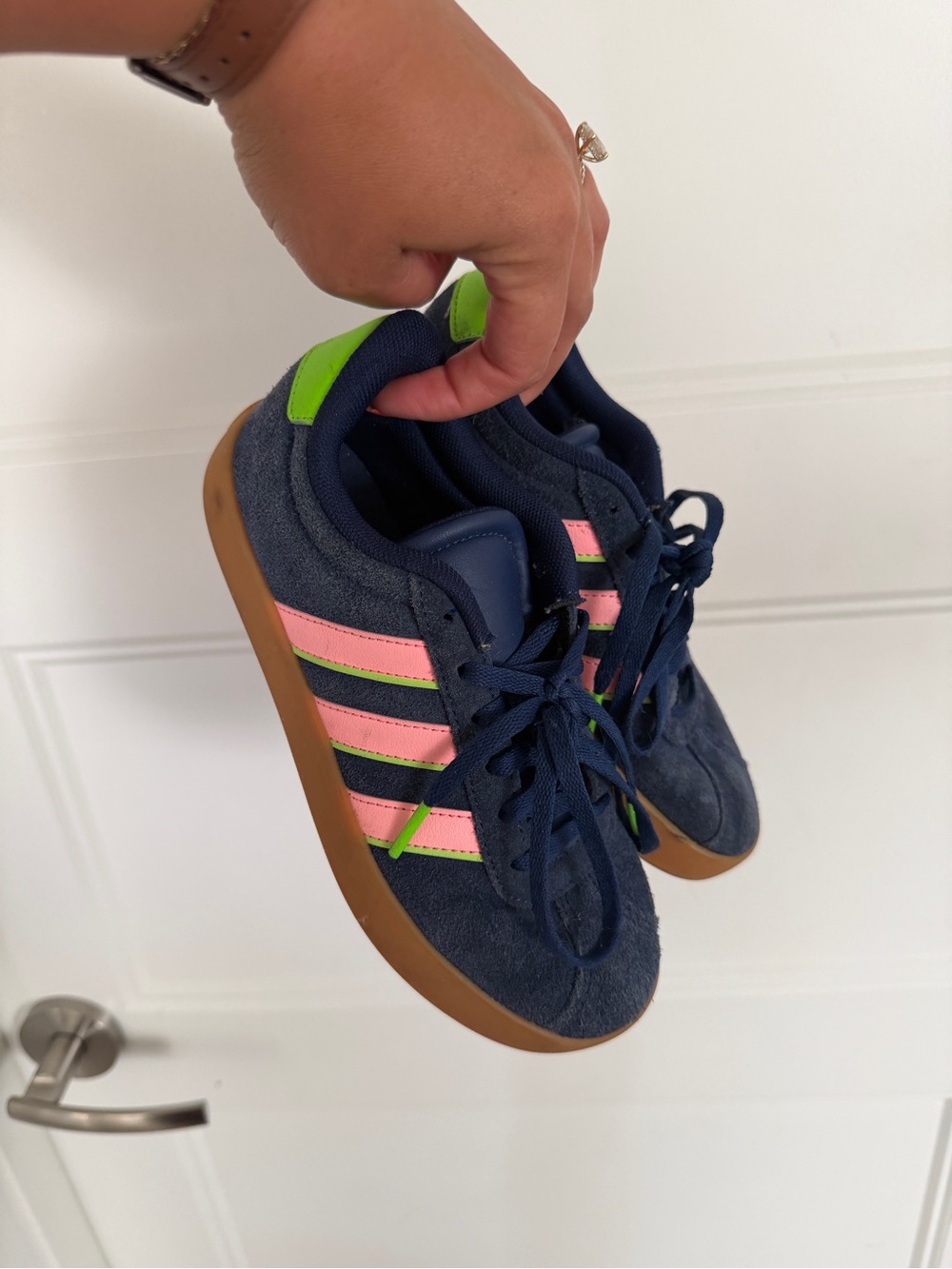 adidas Kids Navy Suede Sneakers with Pink & Neon Green Stripes
